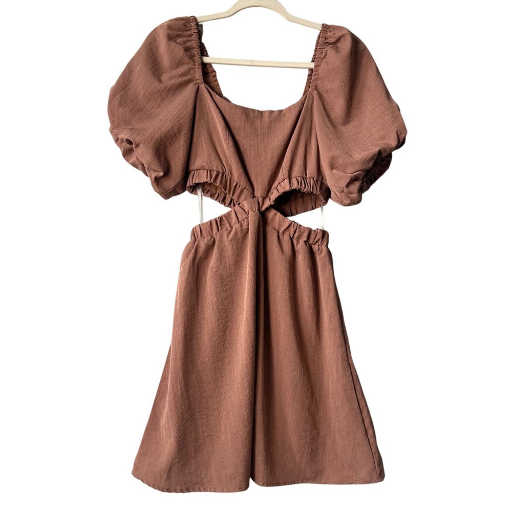 And Now This Cutout Mini Dress‎ Puff Sleeve Square Neck Casual Brown S